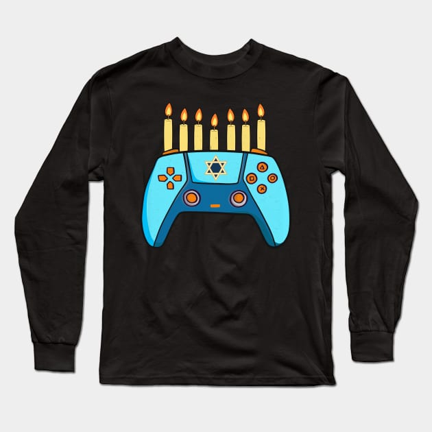 Jewish Gamepad Happy Hanukkah Funny Gaming Pajama Long Sleeve T-Shirt by larfly